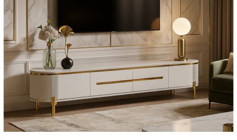 Marble TV Stand - White Gloss + Gold Trim